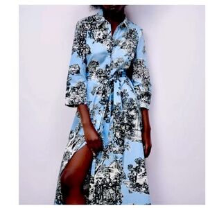 Full sleeve Midi Blue Zara Dress with floral black and white pattern